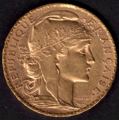 1909 20 franků Kohout Francie 3.republika, Au.900 6,45g 21mm ražba Paříž
