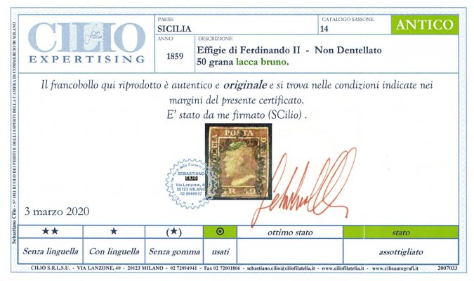 Sicilie - Mi. 7, hnědočervená 50 Gr, attest Cilio, číslo sassone 14, kat. 12000 EUR