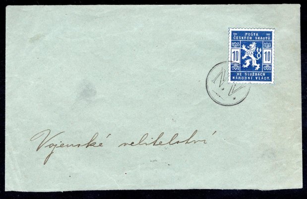 SK 1, modrá 10 h na obálce menšího formátu adresované na Vojenské velitelství s kruhovým razítkem NV, i z druhé strany 
