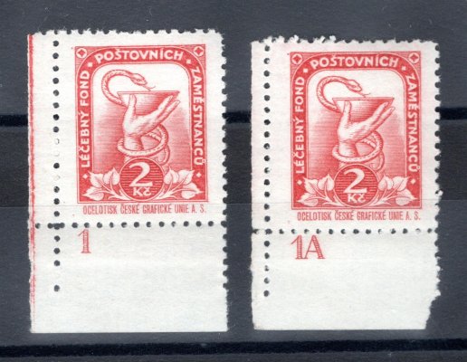 Léčebný fond poštovních zaměstnanců, přispěvková známka 2 Kč , rohové s DČ 1 a 1A, mimořádné