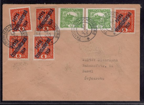 Dopis obsahující emise Hradčany 6 c + Pč 1919 - 6 h oranžová 