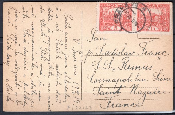 7 F I, pohlednice do Francie vyplacena 15 h cihlově červená ve dvoupásce typ I ( obě známky typ I) ze spojených typů, ZP 22+23, razítko Praha 22 12/12/19.
