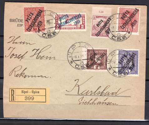 R-dopis vypalcený bohatou frankaturou známek Pč 1919, smíšená franktarura rakouských a maďarských známek, u 2 h spěšná výrazná DV, otevřené O - LOV
