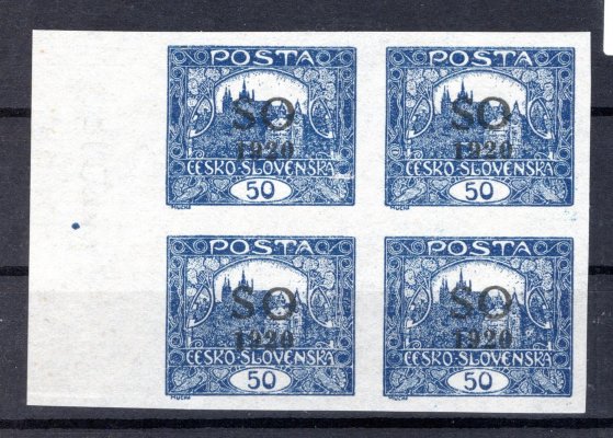 SO 13; krajový nepoužitý čtyřblok nezoubkované hodnoty 50 h modrá s přetiskem SO 1920, na pravé dolní známce desková vada přetisku - odskočené S, původní svěží lep bez nálepky