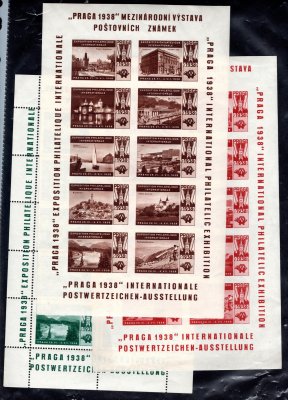 sestava 3 tiskových propagačních tisků k výstavě PRAGA 38, v různých barvách, 1x perforovaný
