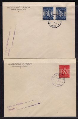 2 x poštovně neprošlé dopisy s hlavičkou národního výboru se skautskými známkami a příslušnými razítky