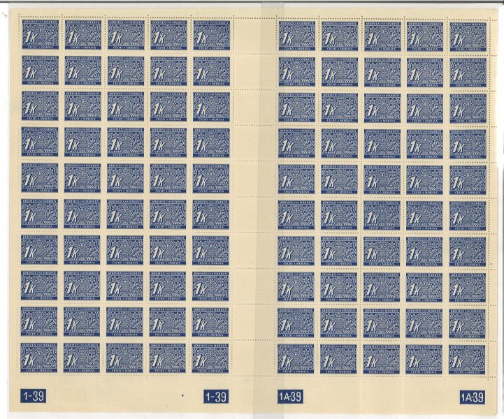 DL 9 ; 1 K modrá - 100kusový arch s  Dč 1 -39, 1A-39, unikátní 