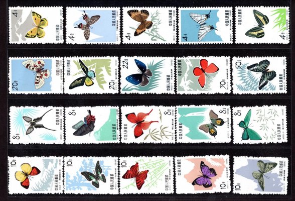 Čína - Mi. 689 - 98, 726 - 35, motýli, bez gummi - jak vydáno, pěkné a hledané