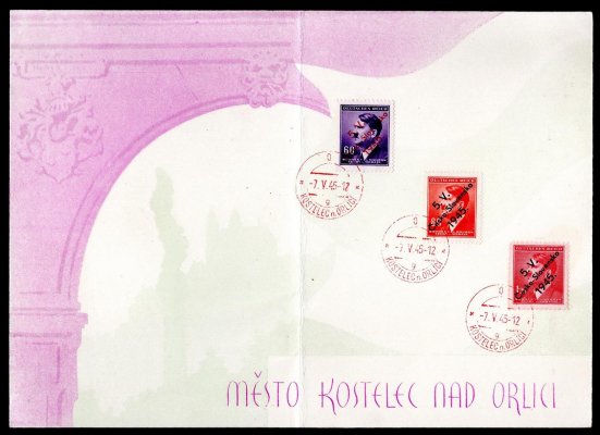 Kostelec nad Orlicí, pamětní list se třemi známkami, dárkové desky 
