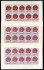1927 UNICEF 60 h, sestava 3 desetibloků, 2x I. typ z toho 1x s posunem fialové nahoru nad kruh a 1x normální; 1x II. typ s posunem fialové dolů pod kruh, všechny stejný perforační rámec A