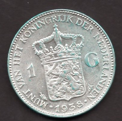 Netherlands 1 Gulden 1938 Wilhelmina Utrecht KM#161.1,2 Ag.720 10.00g, 28mm mint Utrecht mintmaster W.J. Van Heteren
