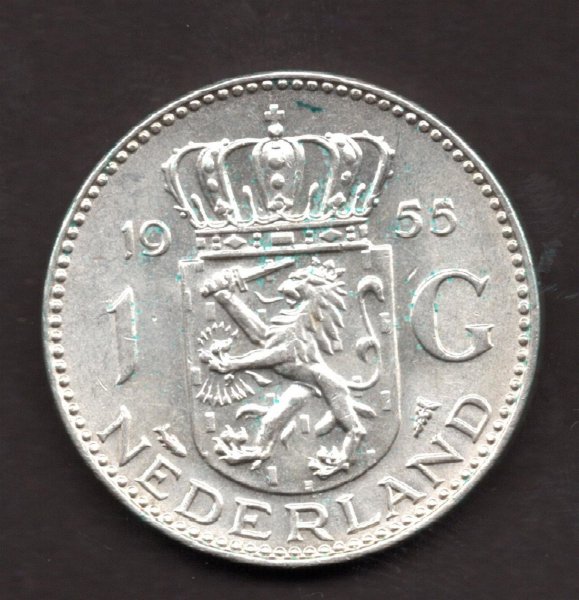 Netherlands 1 Gulden 1955 Wilhelmina Utrecht KM#184 Ag.720 6,5g 25/1,78mm mint Utrecht mintmaster J.E.A. Van Hengel

