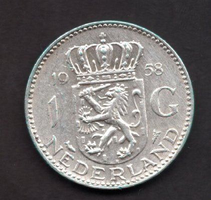 Netherlands 1 Gulden 1958 Wilhelmina Utrecht KM#184 Ag.720 6,5g 25/1,78mm mint Utrecht mintmaster J.E.A. Van Hengel
