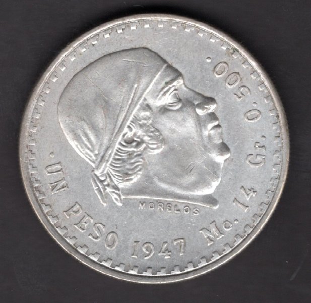 United Mex. states 1 Peso 1947  Mo Mexico KM#456.3 Ag.500  14g 32/2mm mint Mexico city
