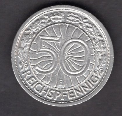 Deutches Reich 50 Reichspfennig 1928 E J#324   Weimar Republic , Nickel  E Muldenhütten
