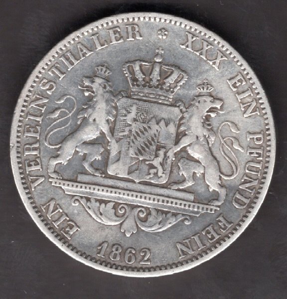 Bavaria 1 Vereinsthaler 1862  Maxilmilian II. Thun#98 Ag.900 18,52g 33mm Munich
