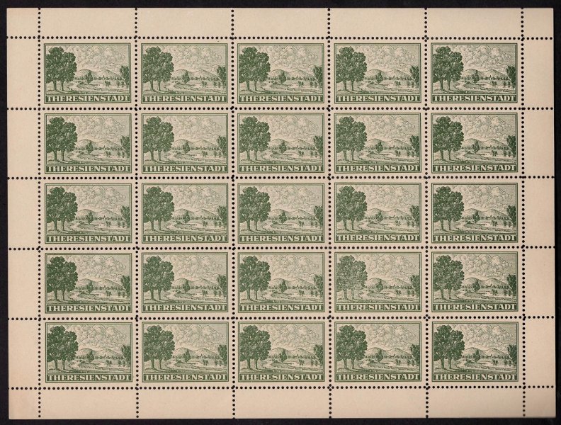 kompletní 25 kusový tiskový list padělků Terezína v barvě zelené - zoubkovaný - označeno PICKENAPACK