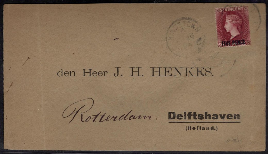 Svatý Vincent, dopis do Holandska vyplacený SG 60 ( michel 40) razítko Kingstown, 29/?(1899 - příchozí razítko Rotterdam 
