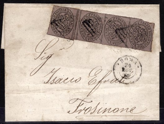 1A, BAJ MEZZO "violetto grigiastro" 3-páska + 1 na dopisu z Říma do Frosinone, DV, kat. 5.000 EUR