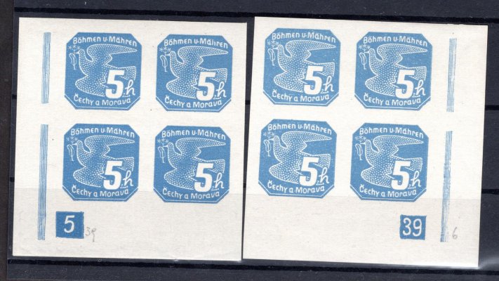 NV 2, 5 h modrá,4bloky párové  Dč 5 - 39, dolní známka čistá, stopy na lepu 