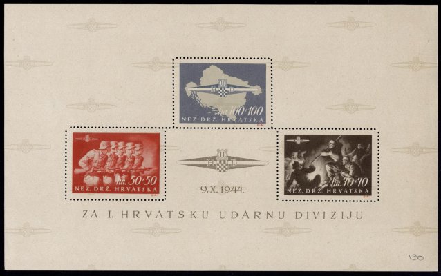 Chorvatsko - Mi. Bl. 8, rok 1945, chorvatská útočná divize, atest Raybudi, hledané