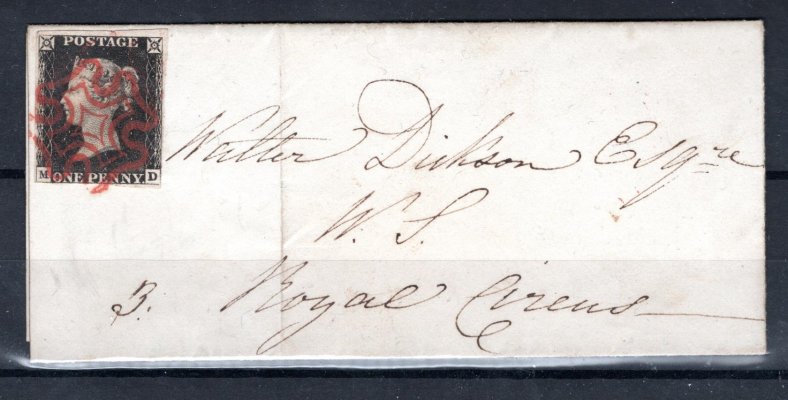Anglie - skládaný dopis se známkou Mi. 1, Viktoria, černá 1 P, písmena  M-D, razítko červený maltézský kříž