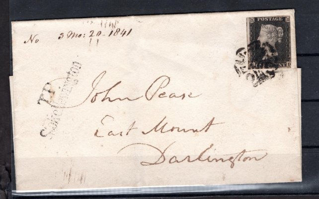Anglie - skládaný dopis se známkou Mi. 1, Viktoria, černá 1 P, písmena  F-D, razítko černý maltézský kříž