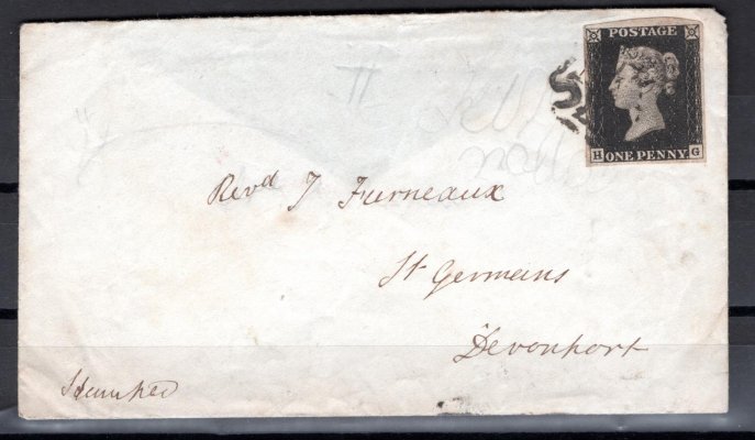 Anglie - dopis malého se známkou Mi. 1, Viktoria, černá 1 P, písmena  H-G, razítko černý maltézský kříž