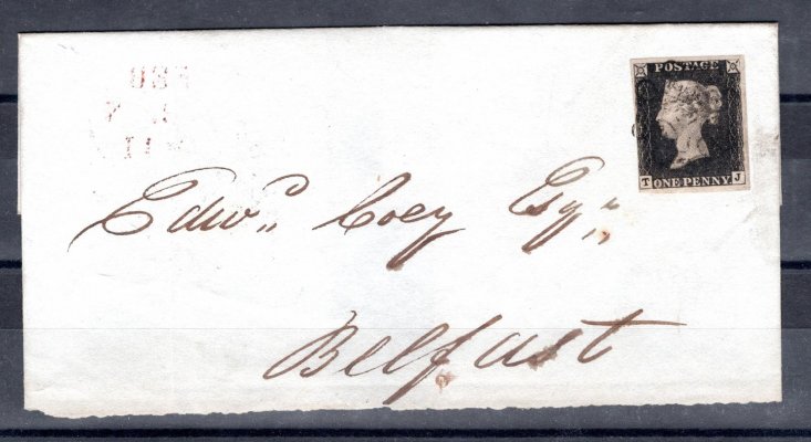 Anglie - skládaný dopis se známkou Mi. 1, Viktoria, černá 1 P, písmena  T-J, razítko černý maltézský kříž