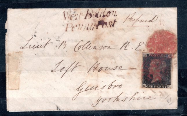 Anglie - skládaný dopis se známkou Mi. 1, Viktoria, černá 1 P, písmena  O-D, razítko červený maltézský kříž