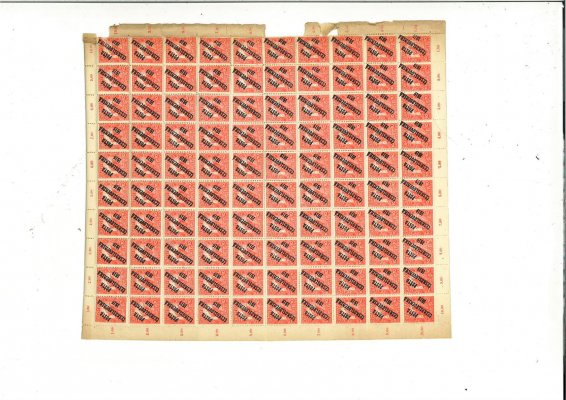 96  válečné 10+2 červená,  kompletní arch s okraji a počítadly.na horní straně  lehce pomačkané okraje na pravé straně hodně, kosek okraje chybí, v několika místech  lehké natržení okraje, lehce místy povoleno v zubech. Naprosto mimořádná nabídka kompletního archu, možno jako porovnávací materiál pro určování polí a typů přetisků, ex Hirsch