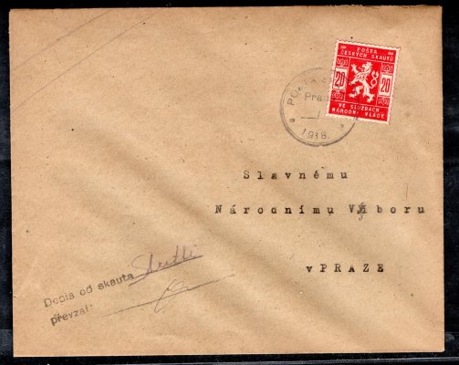 SK 2 na dopise s kulatým razítkem pošty skautů bez data a podélným razítkem dopis od skauta