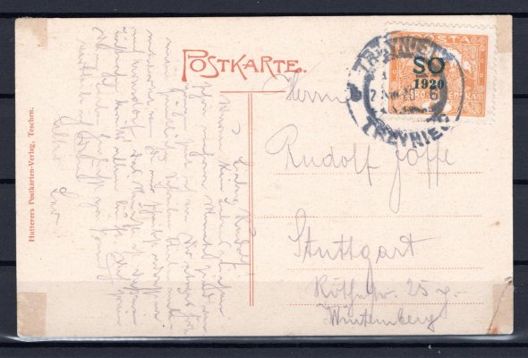 pohlednice Č. Těšín vyplacena známkou SO 14 C, razítko Třinec 20/VIII/20 zaslaná do Německa, 1 roh pohlednice ohnutý