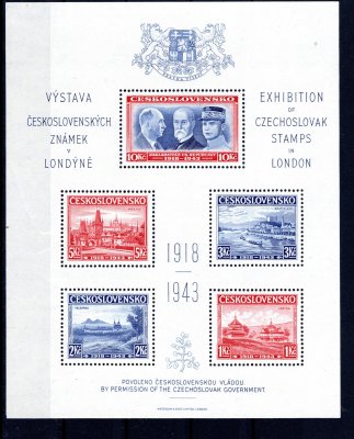 1943 londýnský aršík, exilové vydání k výstavě známek