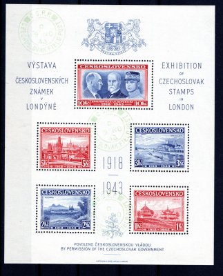 1943 londýnský aršík, exilové vydání k výstavě známek, zelené razítko čs.polní pošty v Anglii