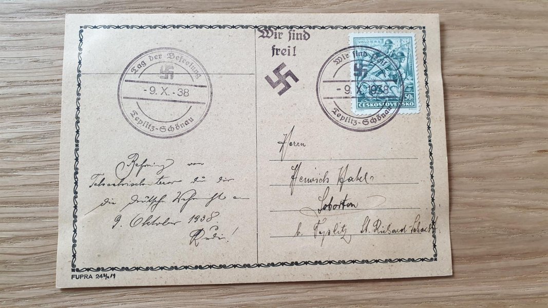 karta  Sudety; 337 ; tři razítka se svastikou ; Teplice , ŠANOV - 9.10.1938 ; stopy po přilepení 