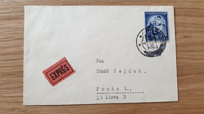 Expres  obálka vyplacená padělkem známky č. 297, adresovaná do Prahy, zajímavé