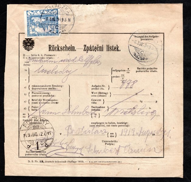 Rakouský zpateční lístek vypl. známkou Hradčany č. 10, podací pošta MALACZKA (Malacky) 8/VIII/19 do Bratislavy, razítko POZSONY 19/VIII/19, formulář podlepen -  zajímavý poštovní doklad s madarským razítkem - vlmi vzácné 