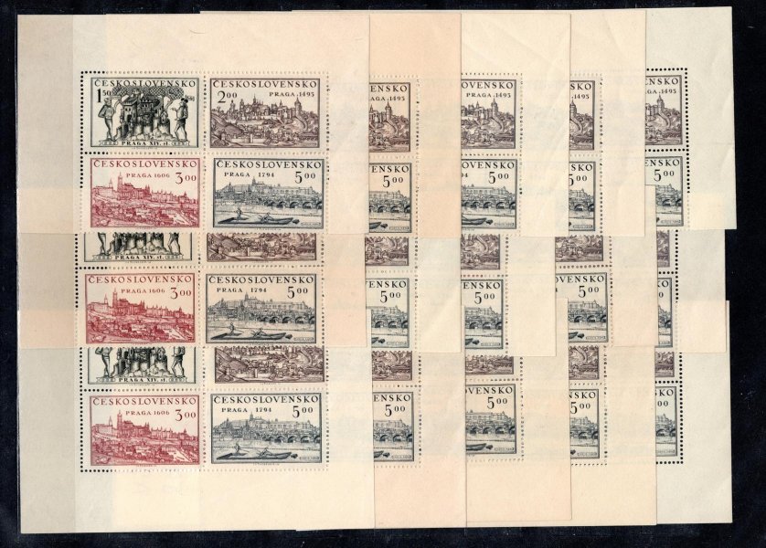 558 - 61  Praga 1950, soutisk 4 známek, rekonstrukce soutisků desek  AA/ AA, AA/CA, AA/DA, AB/CA, AB/CB, naprosto jedinečná sestava