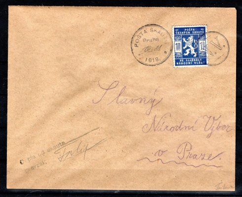 obálka se známkou SK 1, 10 h modrá s kulatým razítkem pošta skautů 20/11/18 a razítkem NV, s podélným razítkem dopis od skauta