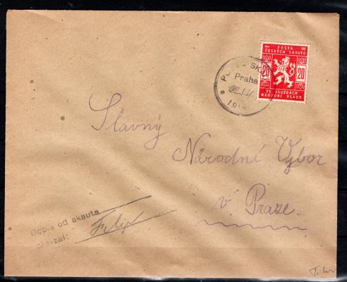 obálka se známkou SK 2, 20 h červenáí s kulatým razítkem pošta skautů 20/11/18 a razítkem NV, s podélným razítkem dopis od skauta