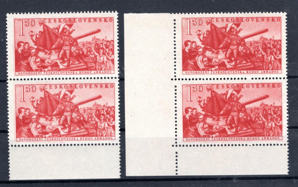 653  , 9. květen 1952, hodnota 1,50Kčs červená, svislá 2-páska s DV 46/1 a rohová svislá 2-páska s 3x vynechaným PO v levé svislé perforaci