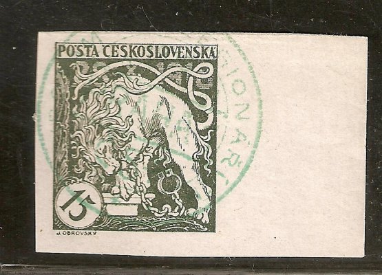27 N p, krajová nezoubkovaná známka 15 h zelená s celým zeleným nátiskem, zk.Gi