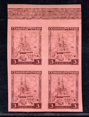 254 ZT  krajový čtyřblok, nahoře s bordurou  3 Kč na růžovohnědém papíru, zk. Karásek 
