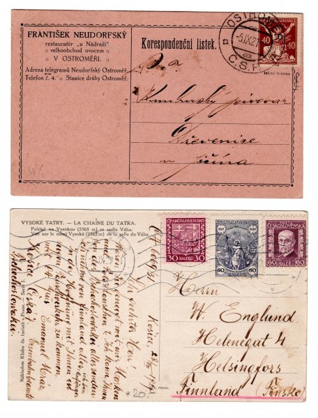154 C ; 40 h ležmí hřeben na korespondečním lístku - zk. Chvalovský, + pohlednice T.G. Masaryk s ostatními známkami 