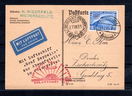 Zeppelin ; 1931, Polarfahrt, karta frankovaná jednoznámkovou frankaturou 2 RM (Mi 457), podací razítko FRIEDRICHSHAFEN s datem 24. 7. 1931, příchozí MALYGOIN s datem 23. 7. 1931, červený kašet, hezká kvalita
