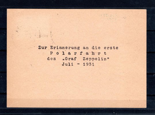 Zeppelin ; 1931, Polarfahrt, karta frankovaná jednoznámkovou frankaturou 2 RM (Mi 457), podací razítko FRIEDRICHSHAFEN s datem 24. 7. 1931, příchozí MALYGOIN s datem 23. 7. 1931, červený kašet, hezká kvalita
