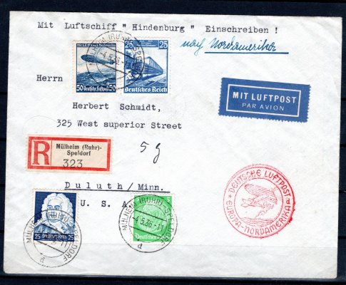 Zeppelin ; 1936, NAF, R-dopis, podací razítko MÜLHEIM s datem 4. 5. 36, frankovaný známkami Mi 575, 582, 606 a 515, červený kašet, příchozí razítko NEW YORK s datem 9. 5. 36

