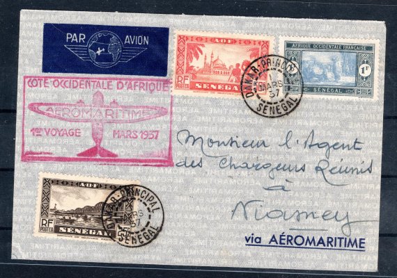 Senegal -  letecký dopis ; 1937, 1. let z Dakaru do Niamei v Nigeru, podací razítko DAKAR s datem 1. 3. 37, příchozí razítko NIAMEI 12. 3. 1937, pěkná frankatura, kašet prvního letu, dekorativní

