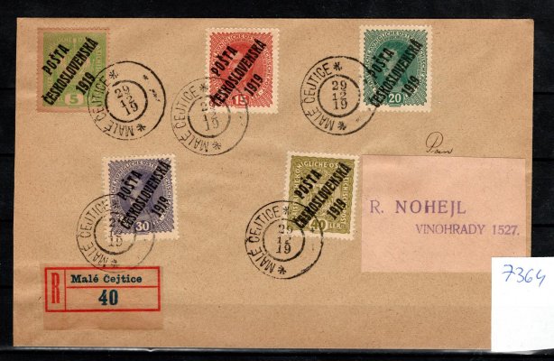 Dopis se známkami z emise Pč 1919 ; fialtelisticky motivovaný a přefrankovaný doporučený dopis se známkami s přetiskem Pošta československá 1919, podací razítka MALÉ ČEJTICE s daty 29. XII. 1919